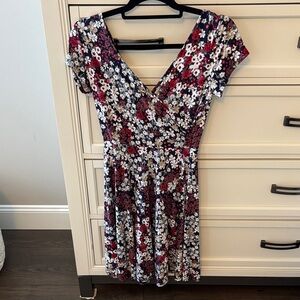 Kaileigh V-Neck Floral Midi Dress - Red, White, and Blue